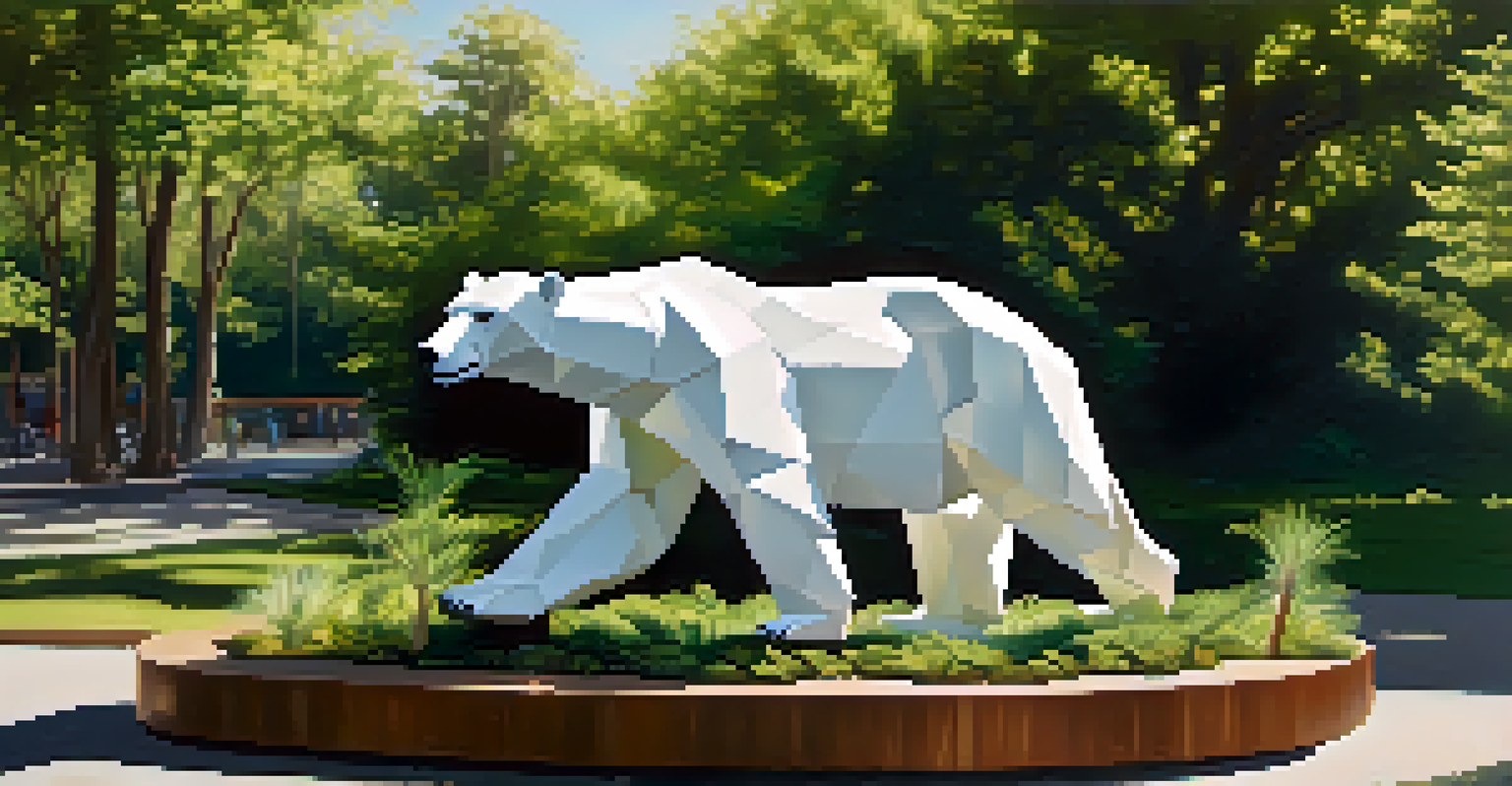 A sculpture of a polar bear made from recycled materials, set in a green park with sunlight filtering through the trees, symbolizing the effects of climate change on endangered species.