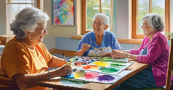 Seniors engaged in a colorful art therapy session in a bright nursing home room, painting on canvases with smiles and focused expressions.