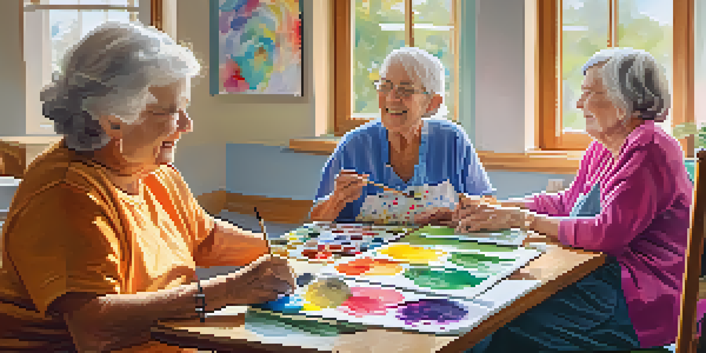 Seniors engaged in a colorful art therapy session in a bright nursing home room, painting on canvases with smiles and focused expressions.