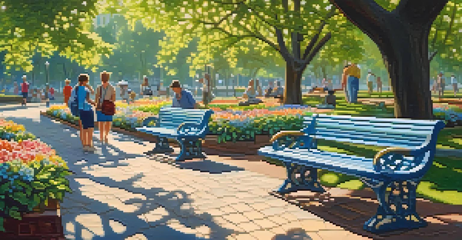 A park with a mosaic-tiled bench surrounded by flowers and trees, with people enjoying their time.