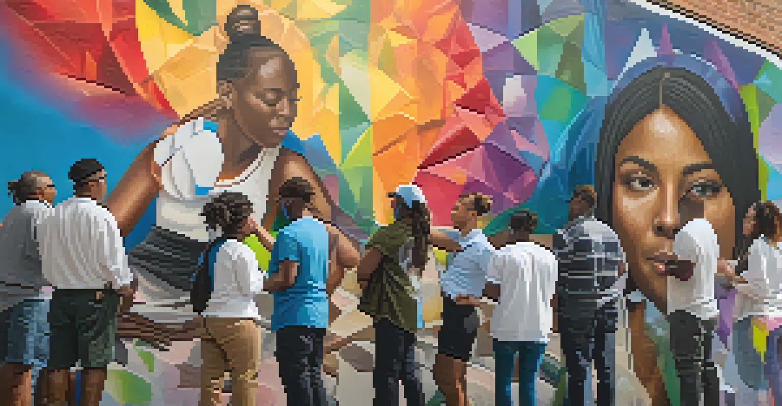 An artist creating a mural on mental health awareness, with people sharing stories, surrounded by bright colors and warm light.
