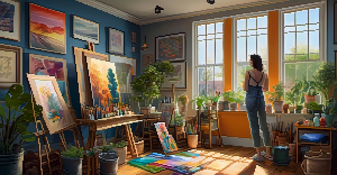 An artist in a bright art studio painting on a canvas, surrounded by colorful art supplies and framed artworks.
