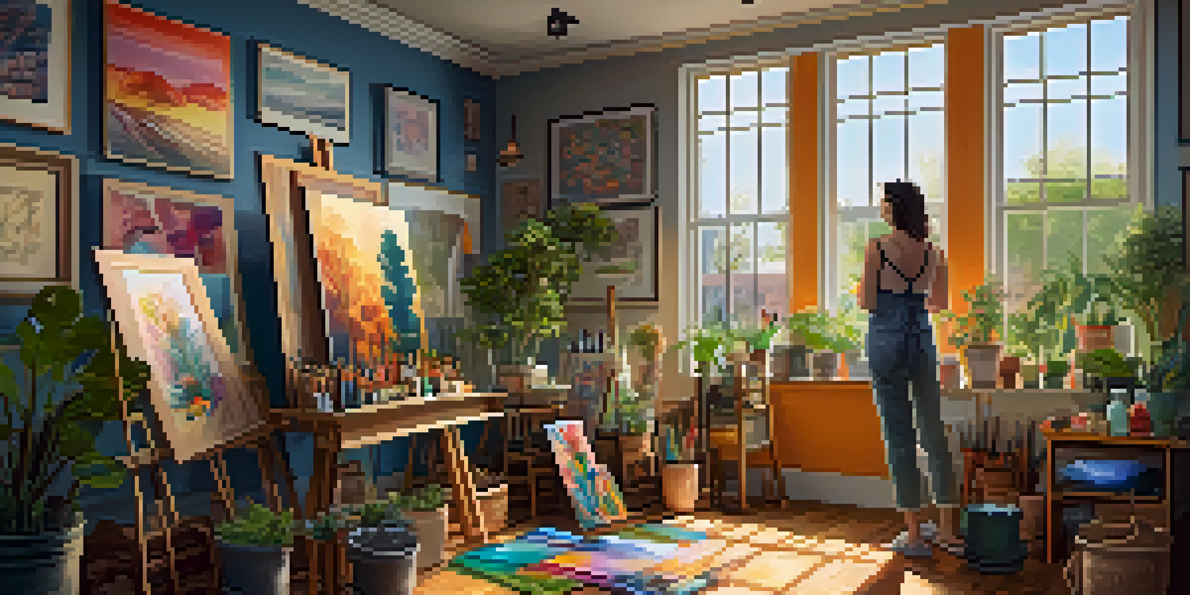 An artist in a bright art studio painting on a canvas, surrounded by colorful art supplies and framed artworks.