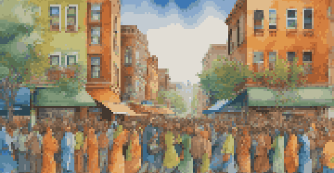 A colorful mural showing people from various cultures uniting in an urban setting.