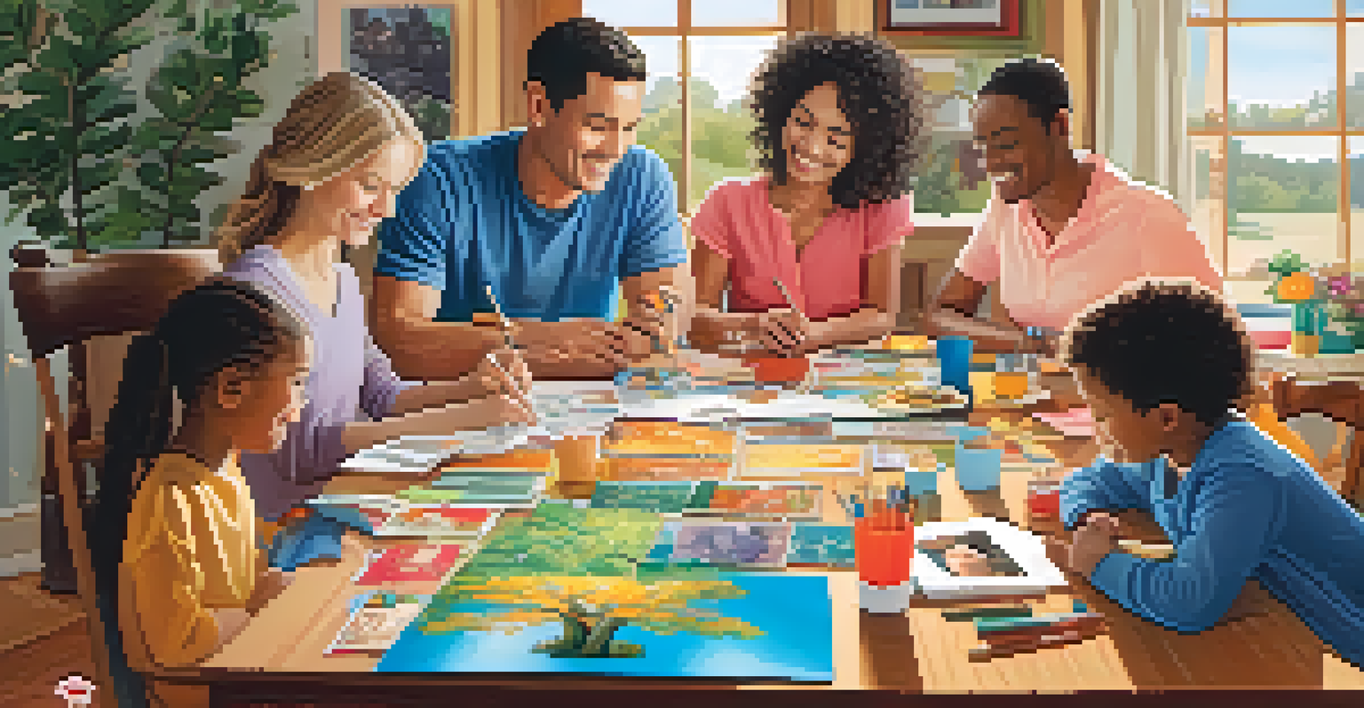 A family gathered around a table creating a family tree collage with art supplies, showcasing emotional connections and warmth.