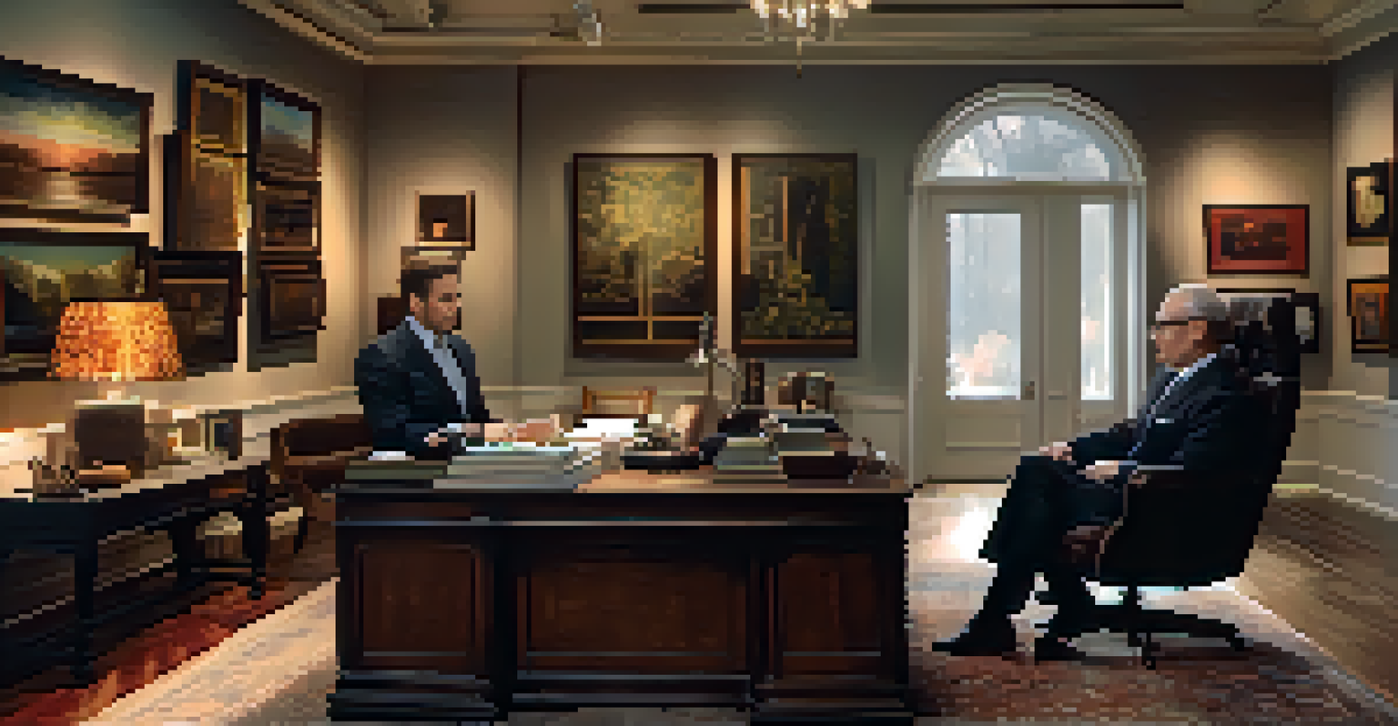 An art advisor's office with an elegant decor, where the advisor discusses a painting with a potential investor.