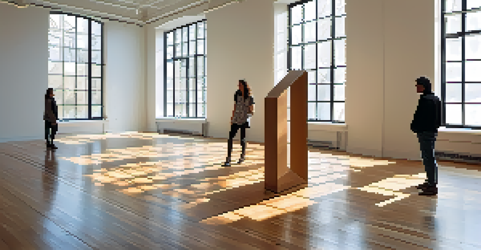 A contemporary art installation made from recycled materials, displayed in a bright gallery with visitors observing it.