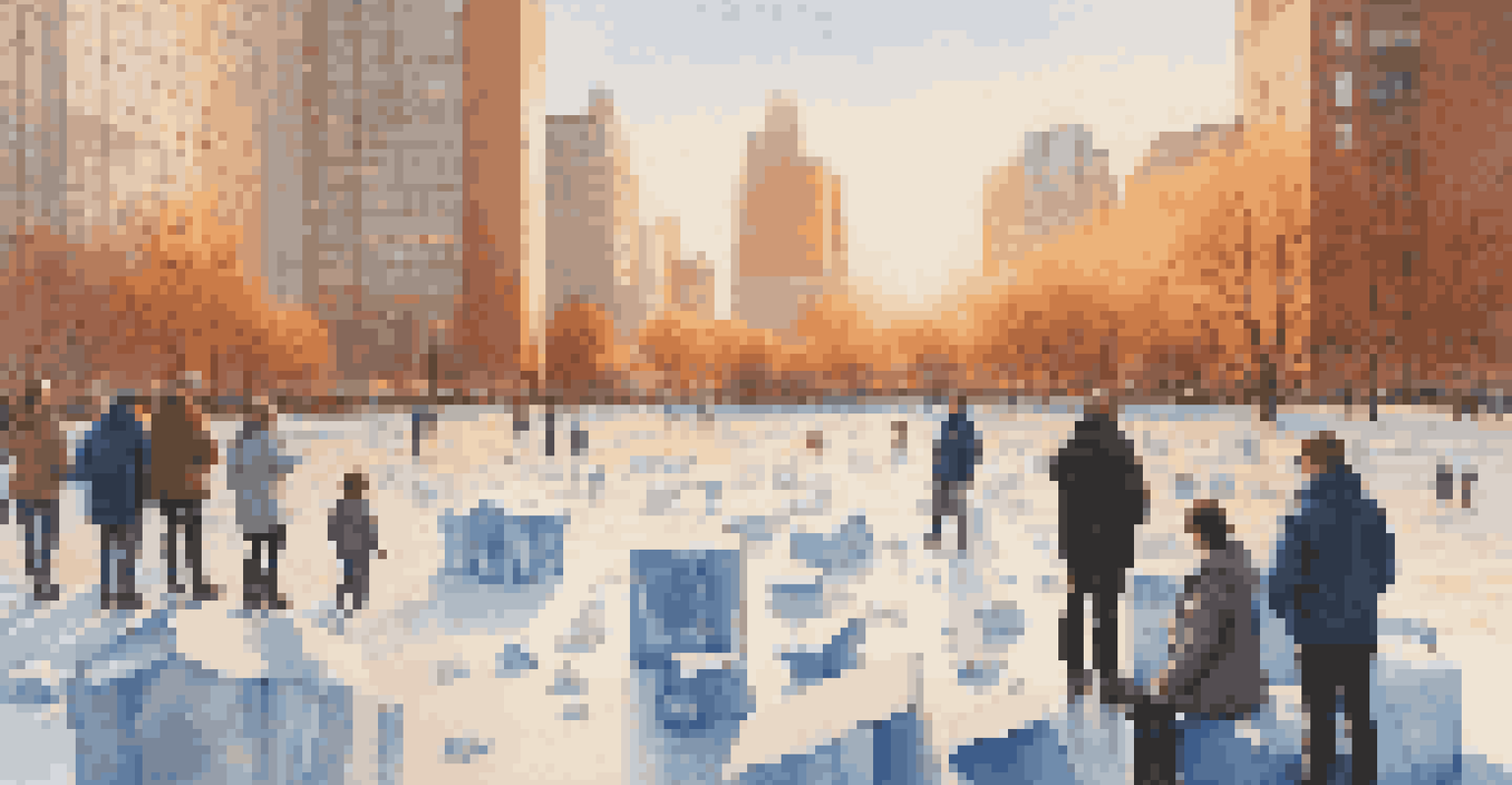 Melting ice blocks arranged in an urban park, with people interacting and soft golden hour light illuminating the scene.