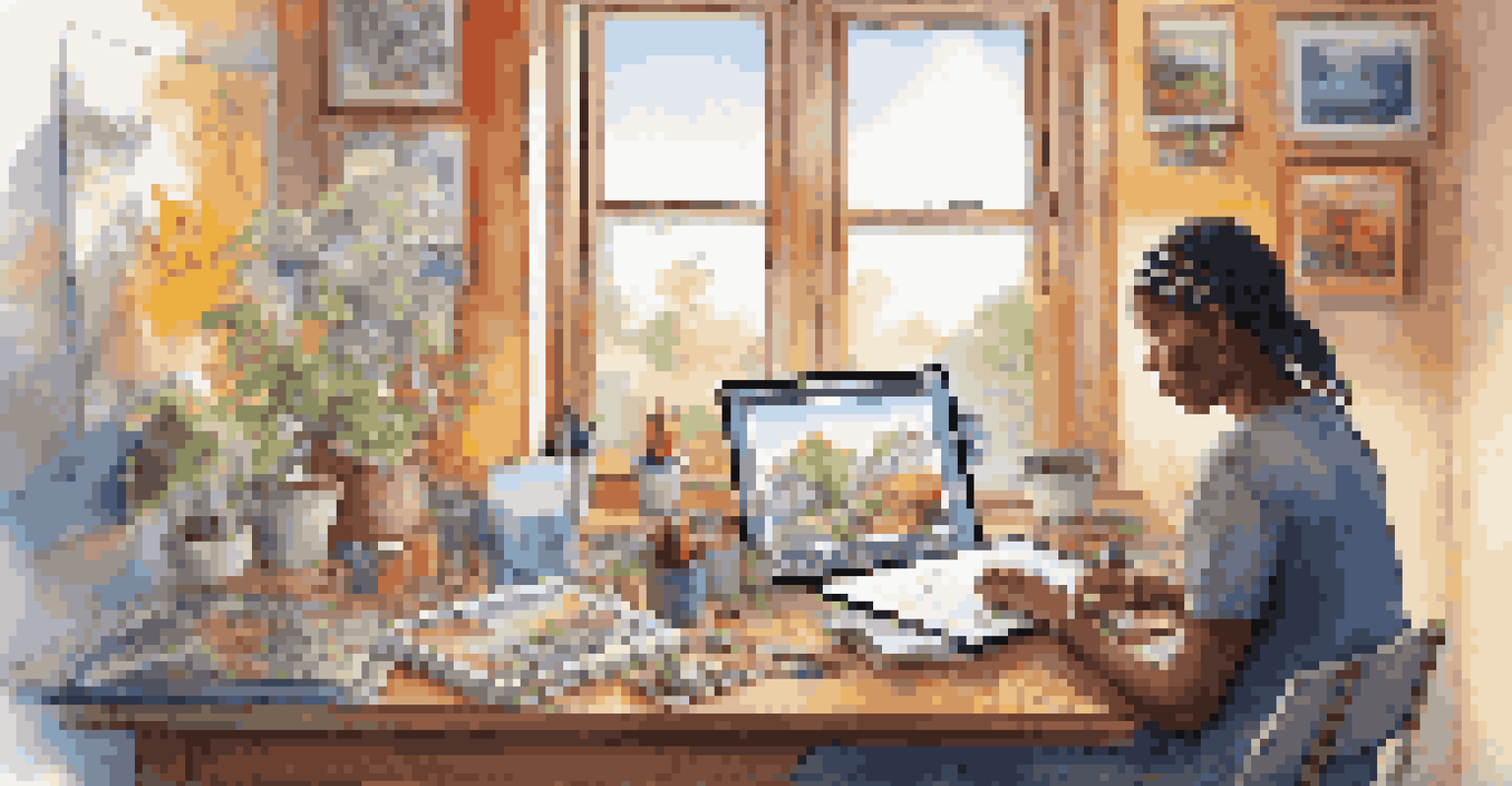 An artist creating digital activist art on a tablet in a cozy room filled with art supplies, with inspiring artwork on the walls and sunlight streaming through a window.