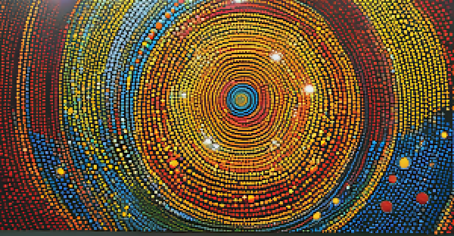 A large Aboriginal dot painting in vibrant colors depicting a Dreamtime story, displayed in a bright gallery space.