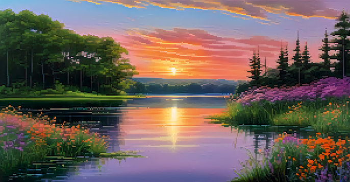 A vibrant sunset over a tranquil lake surrounded by trees, with wildflowers in the foreground.