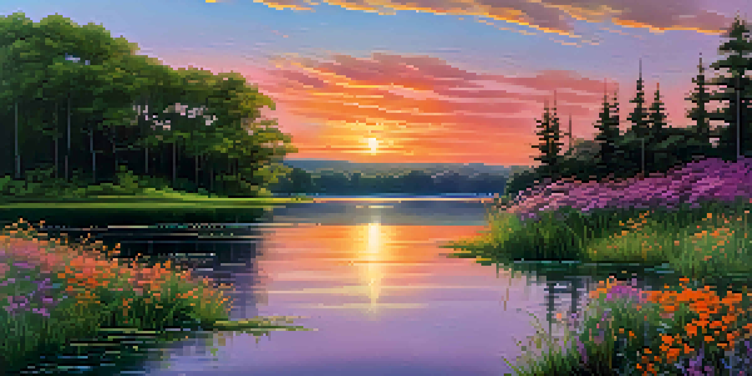 A vibrant sunset over a tranquil lake surrounded by trees, with wildflowers in the foreground.