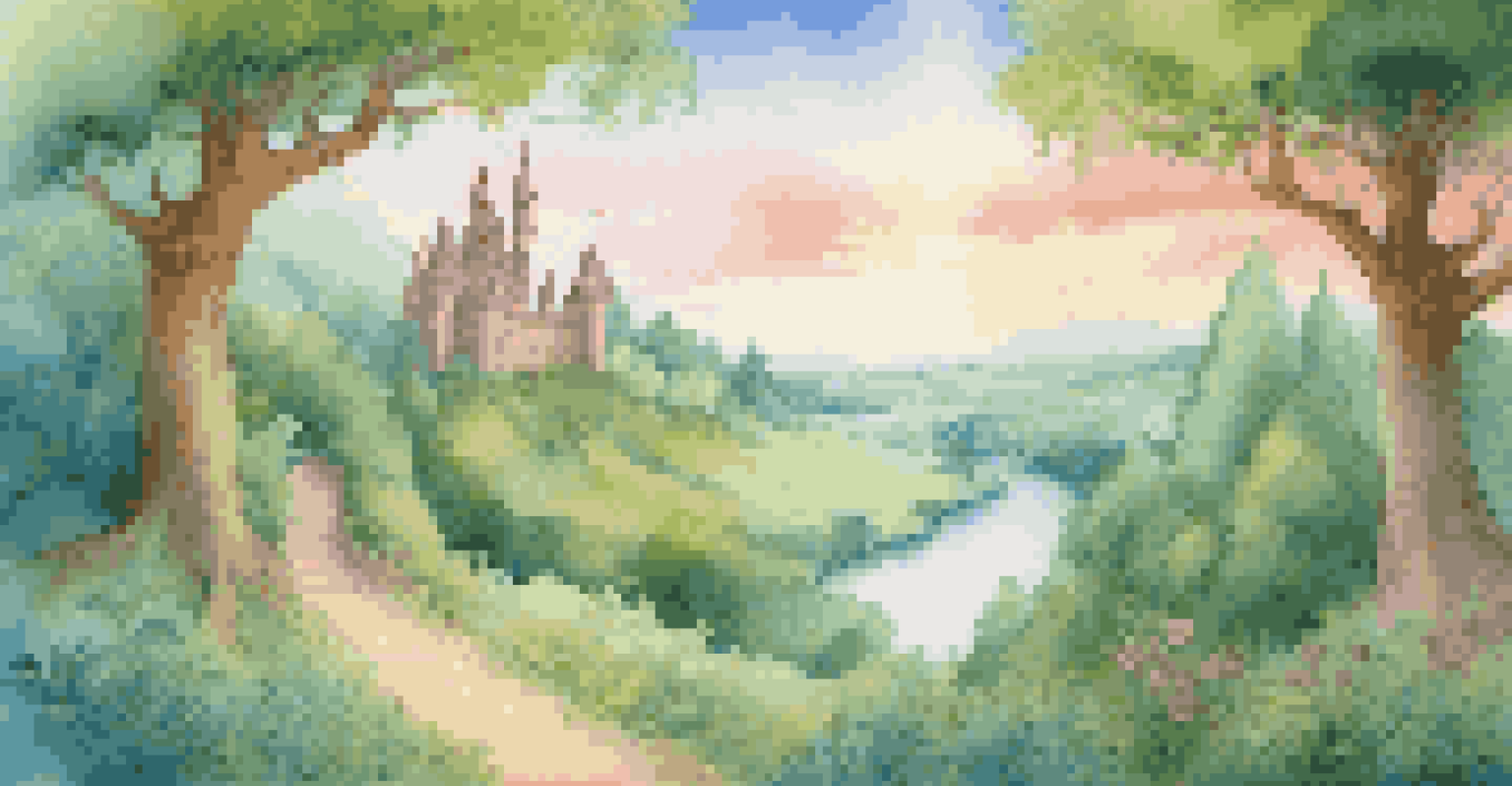 A serene animated landscape featuring a fairy tale world with vibrant colors, lush forests, and a distant castle, illuminated by soft sunlight.