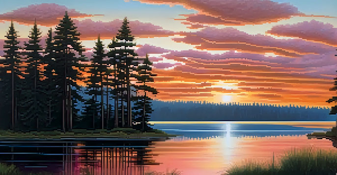 A picturesque sunset over a calm lake, with colorful reflections and silhouettes of pine trees.