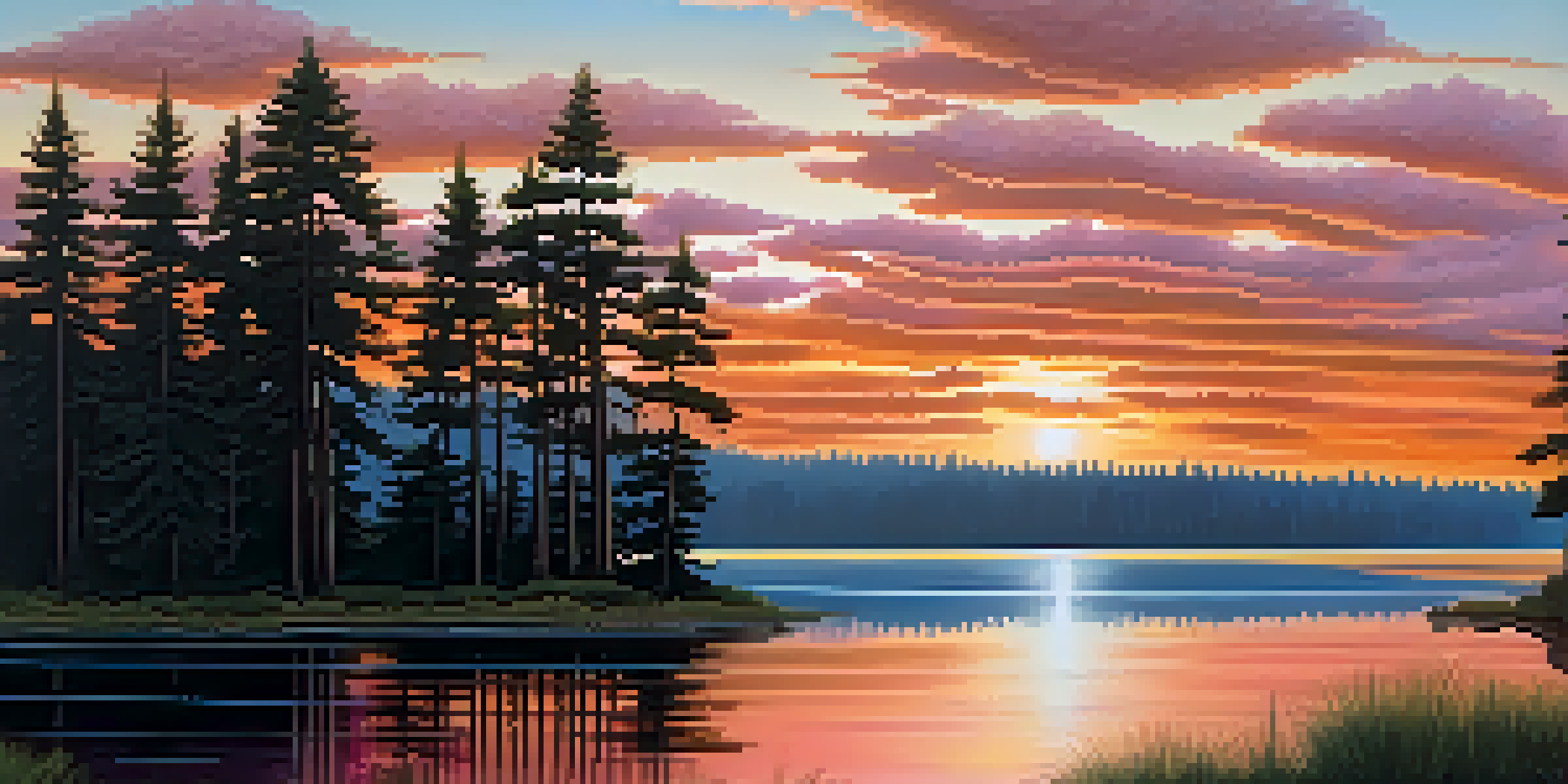 A picturesque sunset over a calm lake, with colorful reflections and silhouettes of pine trees.