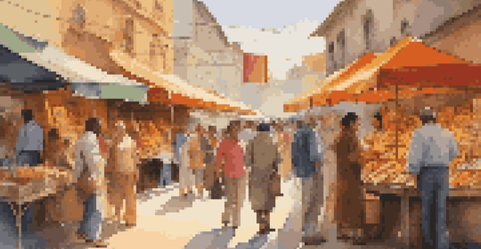 A lively art market filled with diverse artists and colorful artworks, illuminated by warm sunlight.