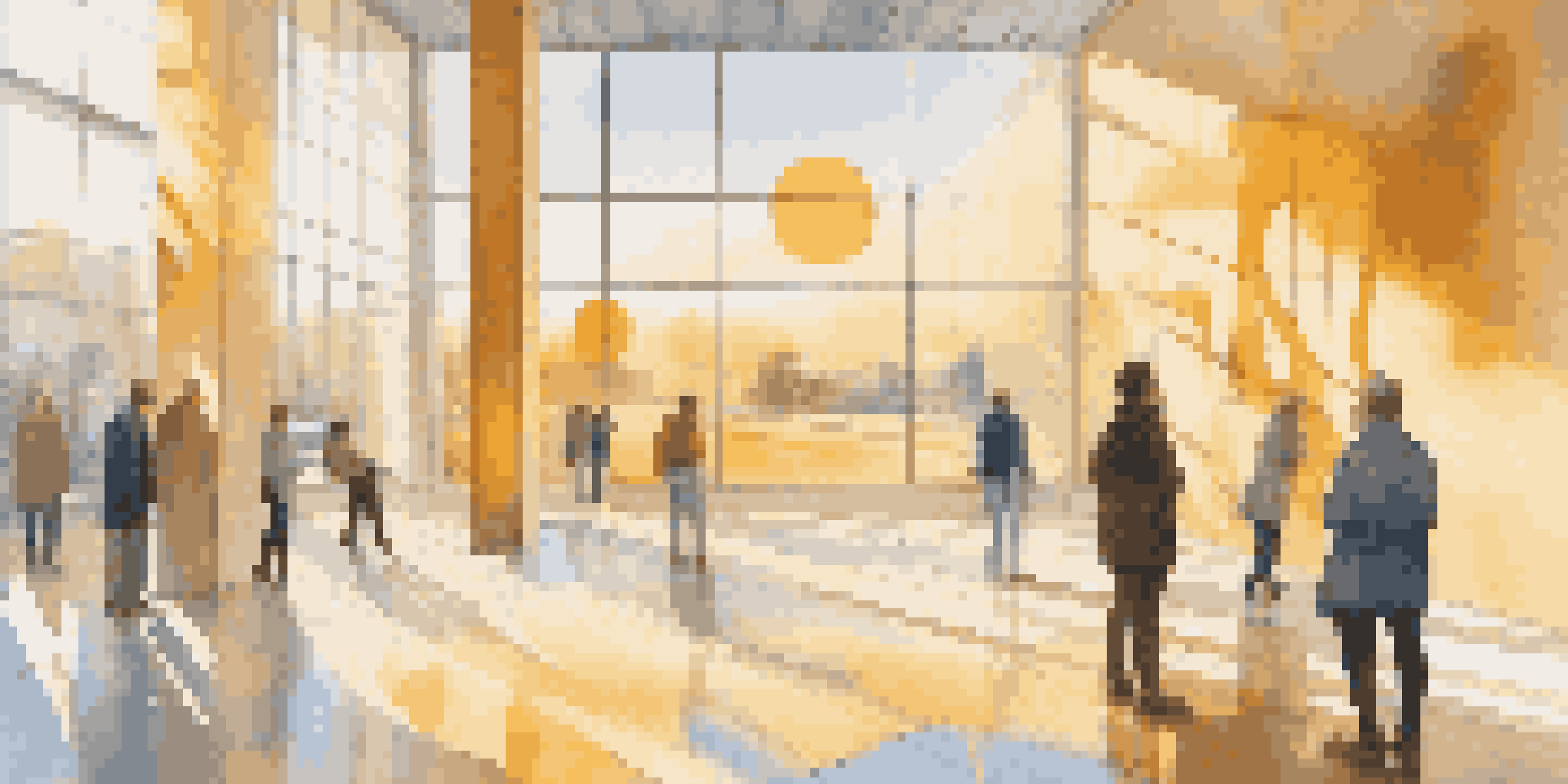 An art installation in a museum depicting a bright sun and sky, with people engaging with the artwork, bathed in warm light.