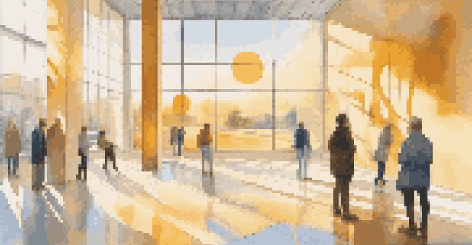An art installation in a museum depicting a bright sun and sky, with people engaging with the artwork, bathed in warm light.