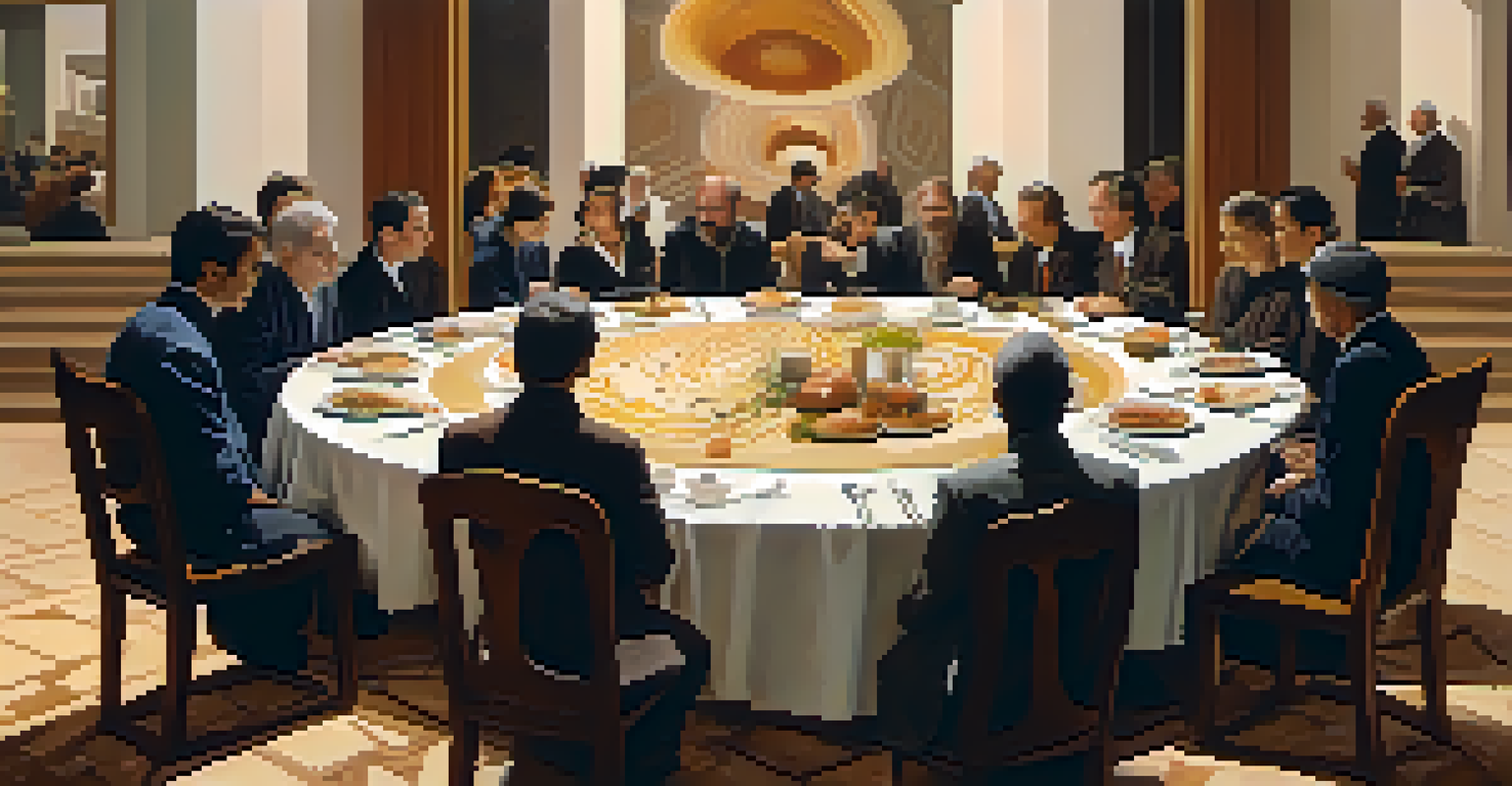 A diverse group of people around a table in an art gallery, with abstract time representations on the walls and warm lighting.