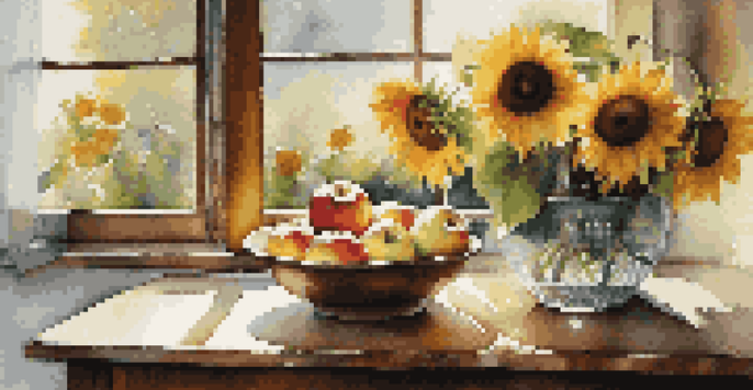 A still life arrangement with a bowl of apples, sunflowers, and a glass vase on a wooden table, illuminated by soft natural light.