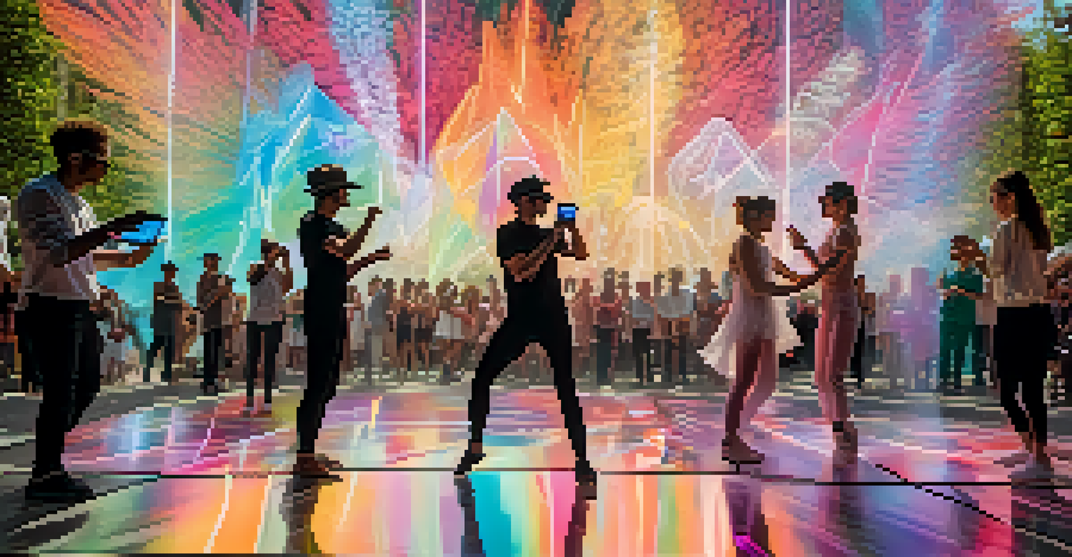 Dancers interacting with augmented reality visuals in a vibrant outdoor park, captivating an audience.