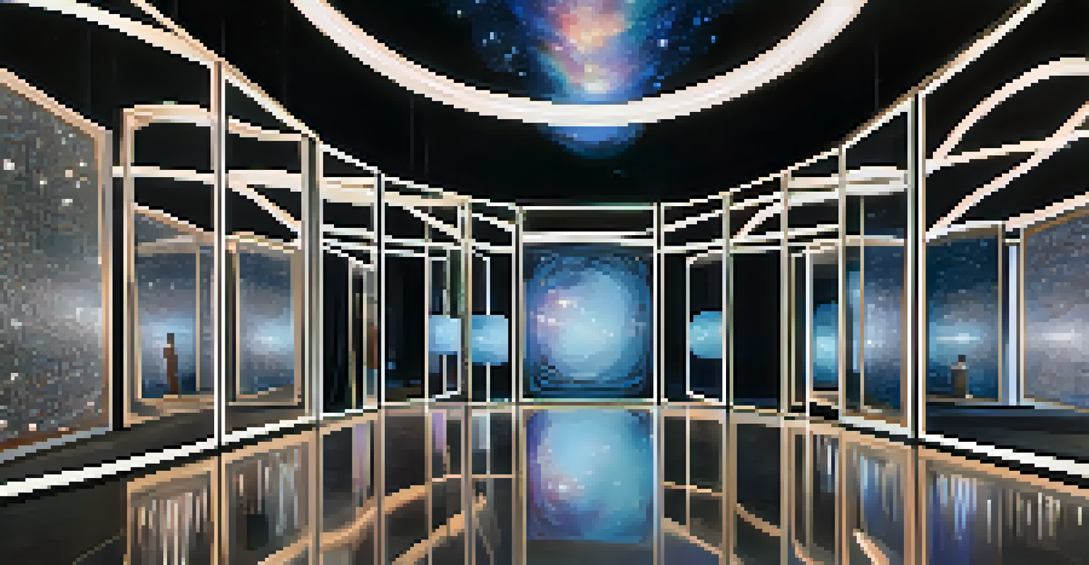 A contemporary art installation with mirrors and lights creating infinite reflections, designed for introspection and connection to the universe.