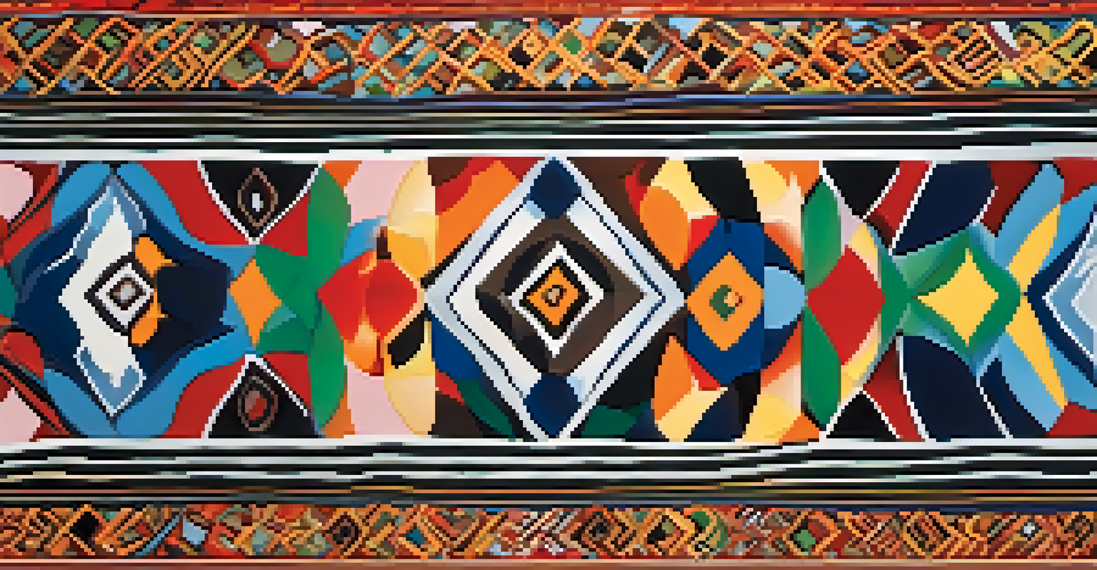 An abstract artwork featuring vibrant textile patterns representing cultural heritage.