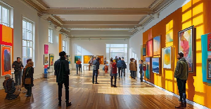 An art gallery filled with people admiring colorful artworks, with sunlight illuminating the space.