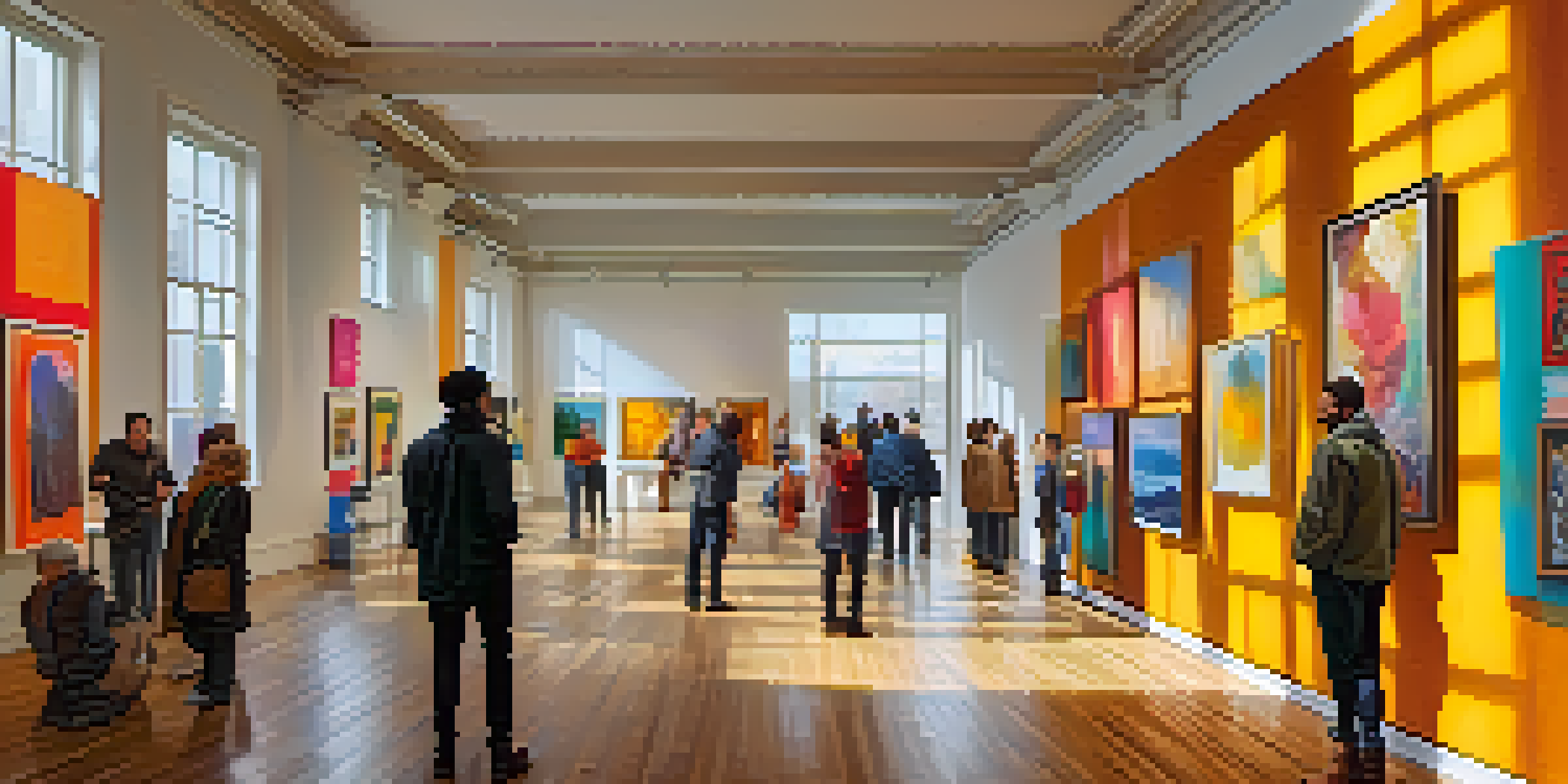 An art gallery filled with people admiring colorful artworks, with sunlight illuminating the space.