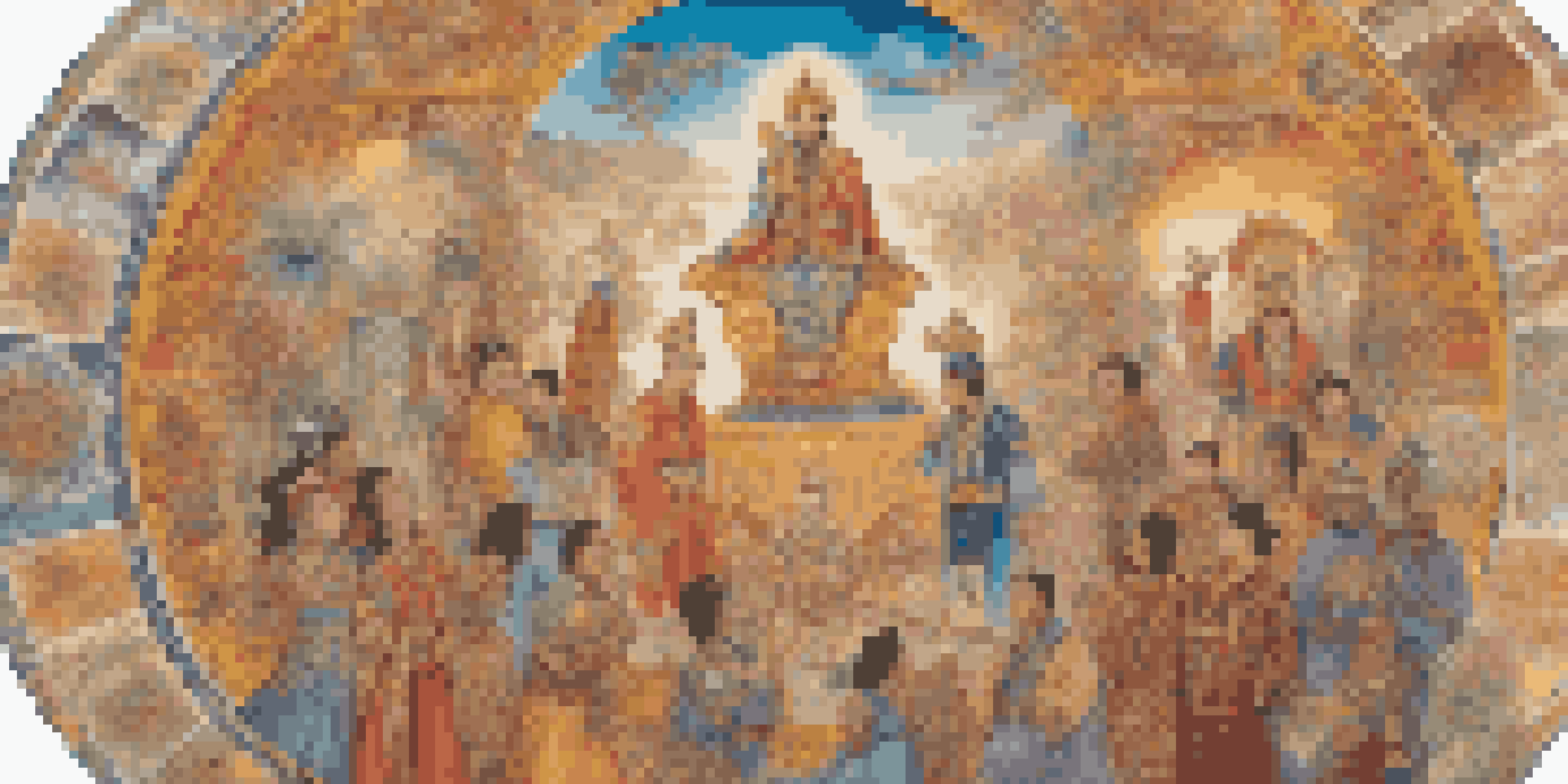 A colorful mural showing historical figures from different cultures united, surrounded by symbols of peace, under warm sunlight with blooming flowers.
