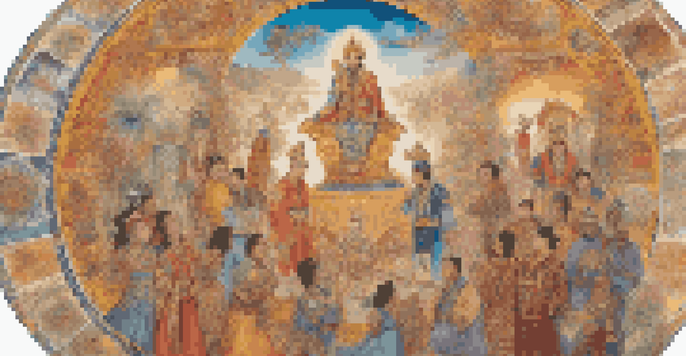 A colorful mural showing historical figures from different cultures united, surrounded by symbols of peace, under warm sunlight with blooming flowers.