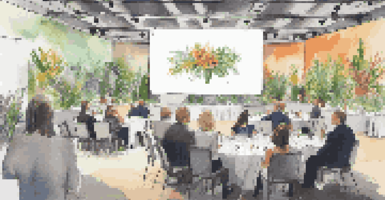 A corporate event featuring a local artist's work, with attendees engaged in discussions in a stylishly decorated venue.