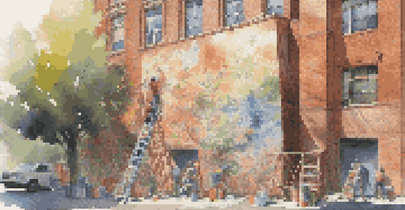 An artist working on a large, colorful mural on a brick wall, with scaffolding and paint supplies around, illuminated by soft sunlight filtering through the trees.