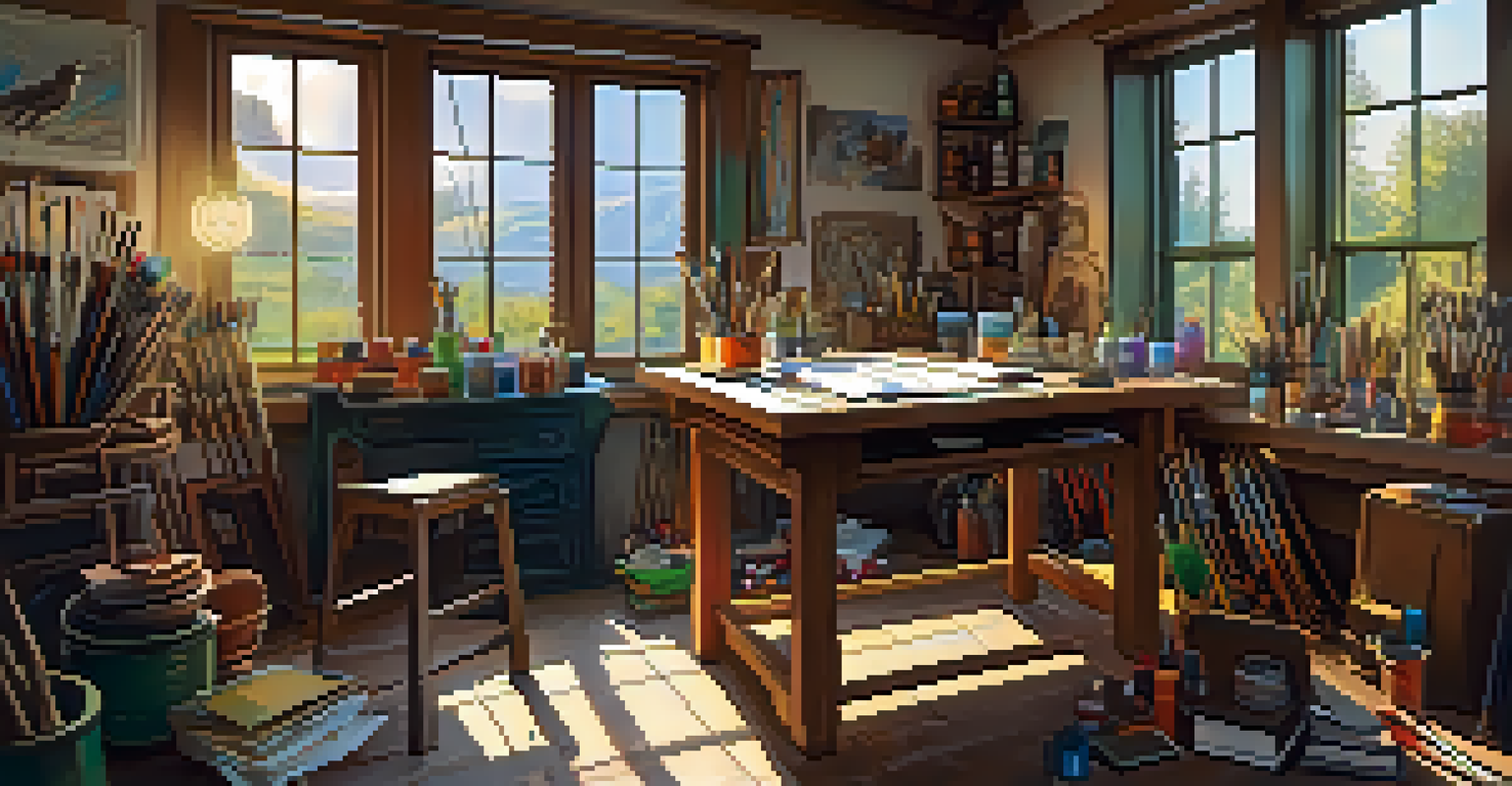 An artist's workspace with colorful art supplies and sketches of Celtic mythical creatures, bathed in natural light.