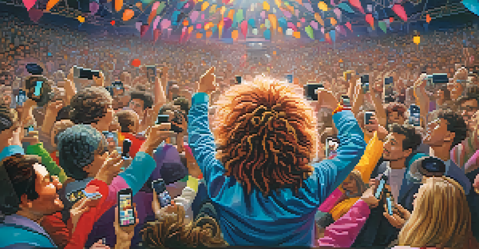 A caricature of a musician on stage, with exaggerated features and enthusiastic fans in the audience.