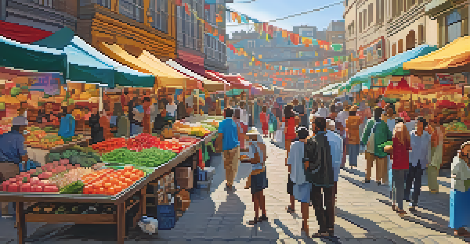 A lively urban street market with colorful stalls and diverse people shopping.