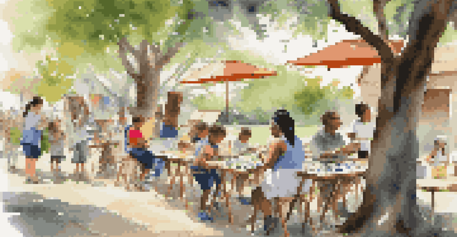An outdoor art workshop with children and adults creating art together under a large tree, surrounded by easels and paint supplies.