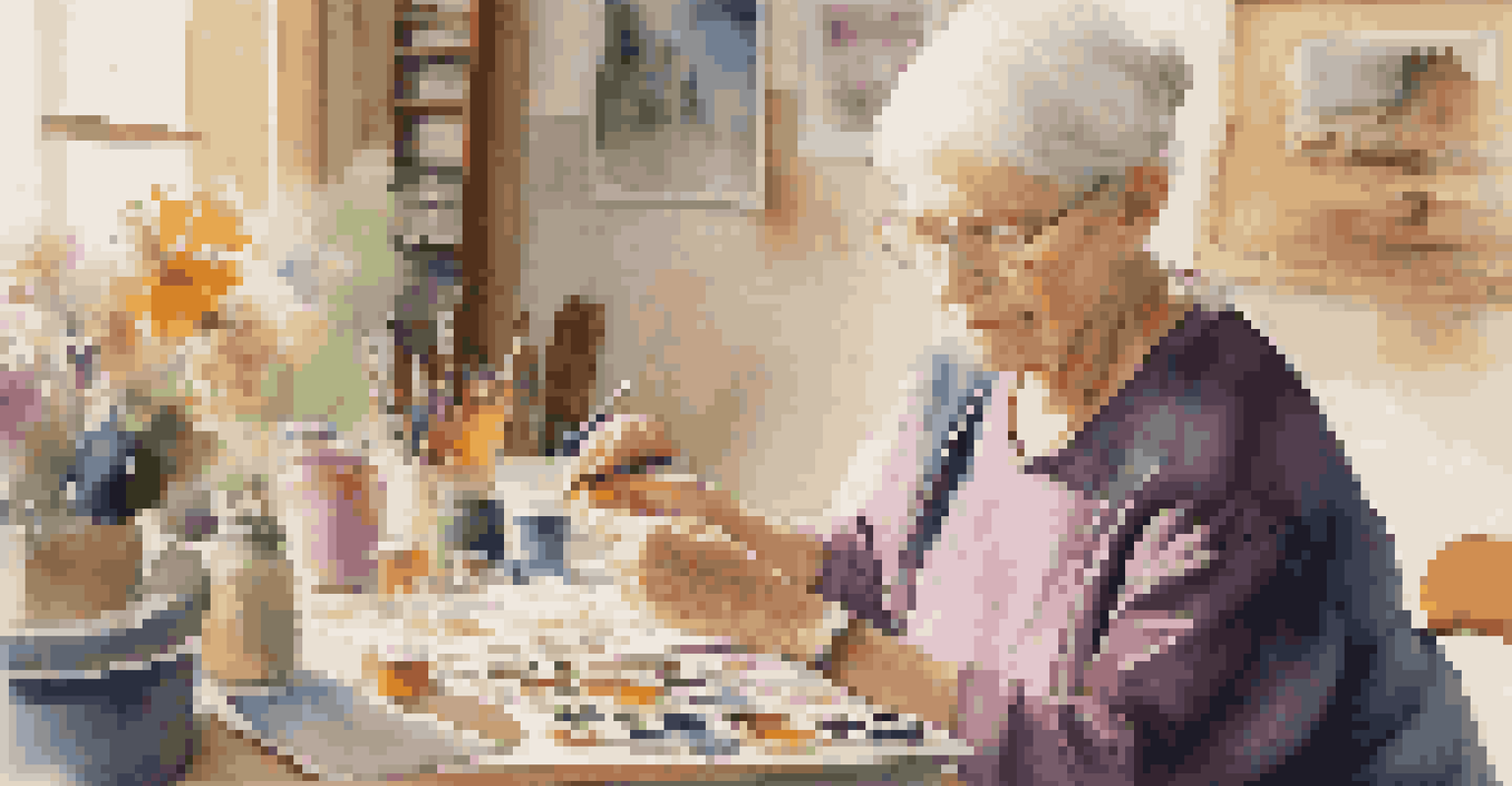 An elderly woman deeply focused on painting during an art therapy session, with art supplies scattered on the table and a supportive environment around her.