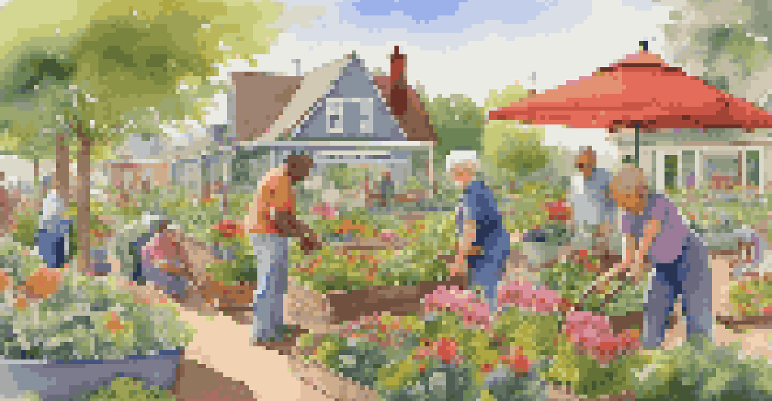 A community garden with residents planting flowers and vegetables, surrounded by colorful decorations.