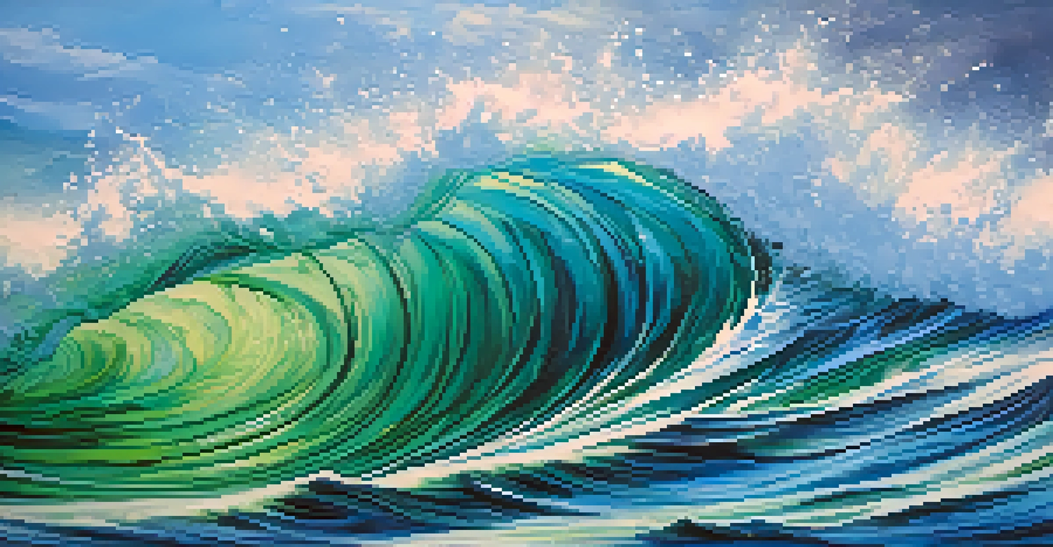 A close-up of a textured painting with vibrant colors resembling ocean waves.