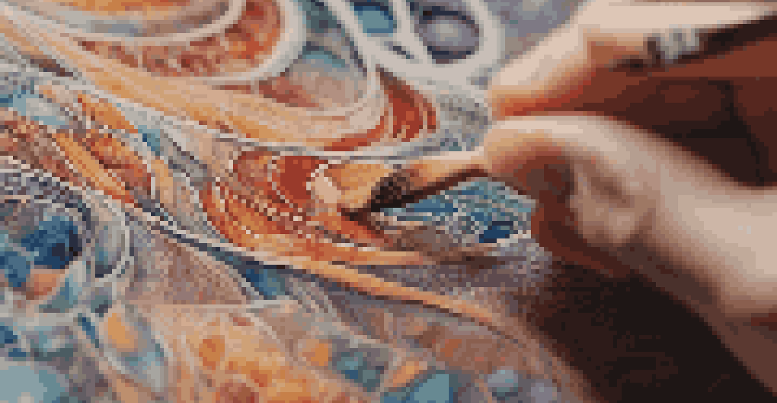 A close-up image of a hand holding a paintbrush over a colorful, textured canvas filled with intricate patterns.