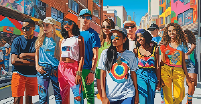 A lively street scene with young people in colorful streetwear inspired by Pop Art, surrounded by large murals and bold graphic designs.