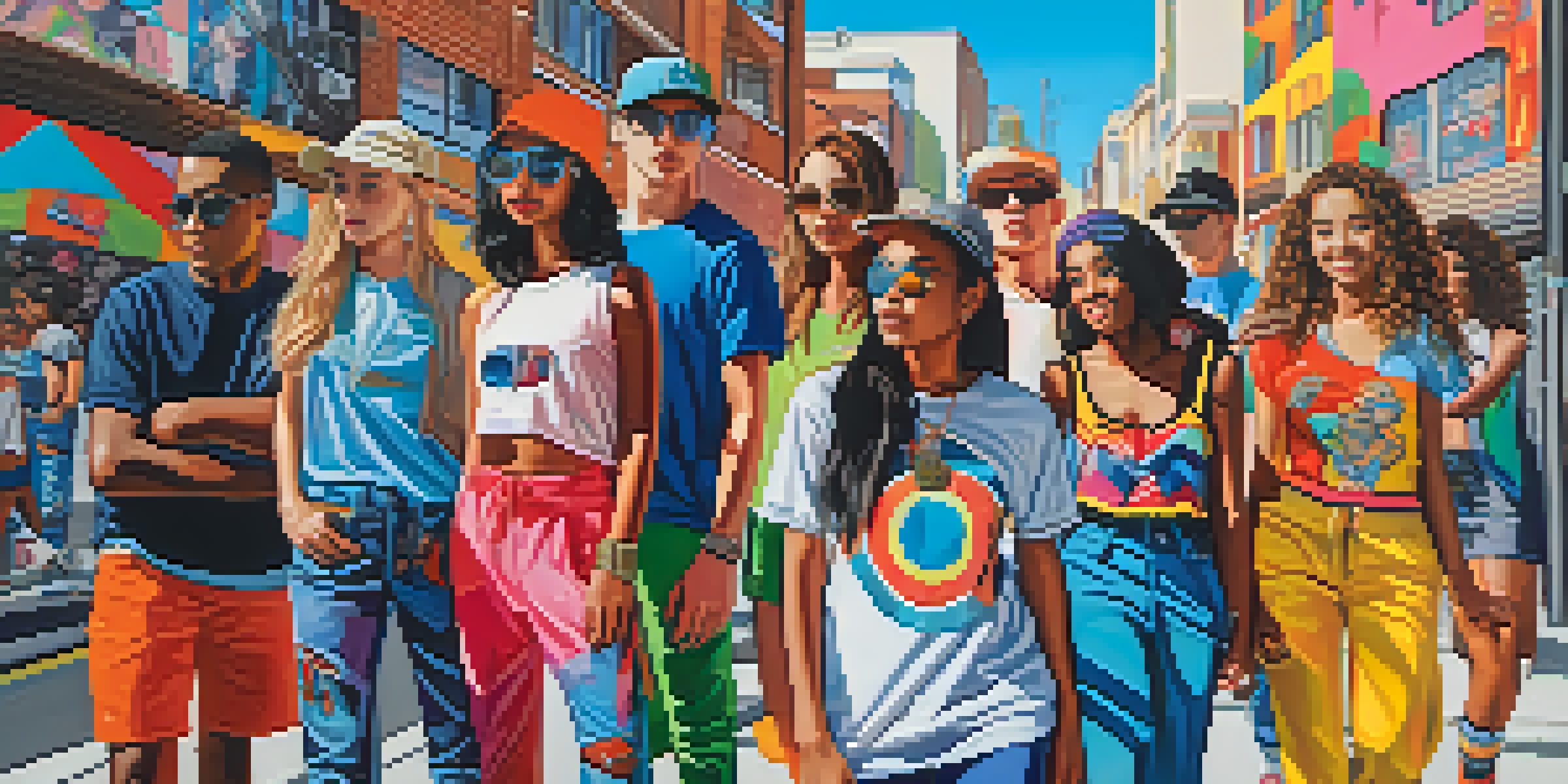 A lively street scene with young people in colorful streetwear inspired by Pop Art, surrounded by large murals and bold graphic designs.
