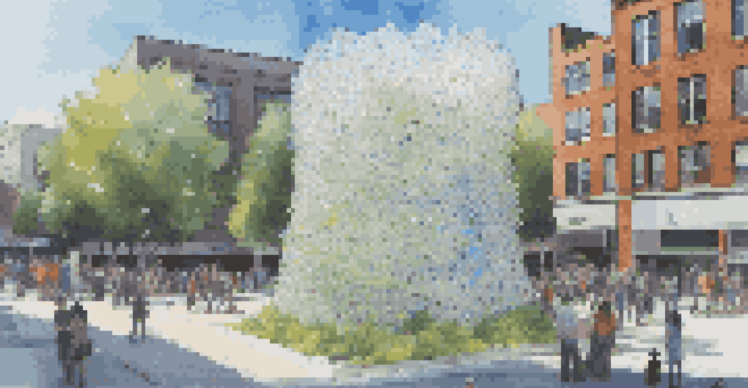 A large sculpture made of recycled materials, resembling a tree, with interactive LED lights, set against a bustling city backdrop.