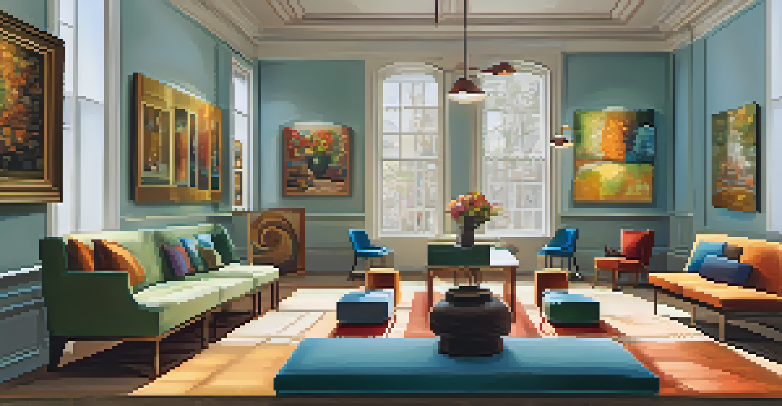 An art gallery with various paintings on the walls, natural light coming through large windows, and a cozy seating area.