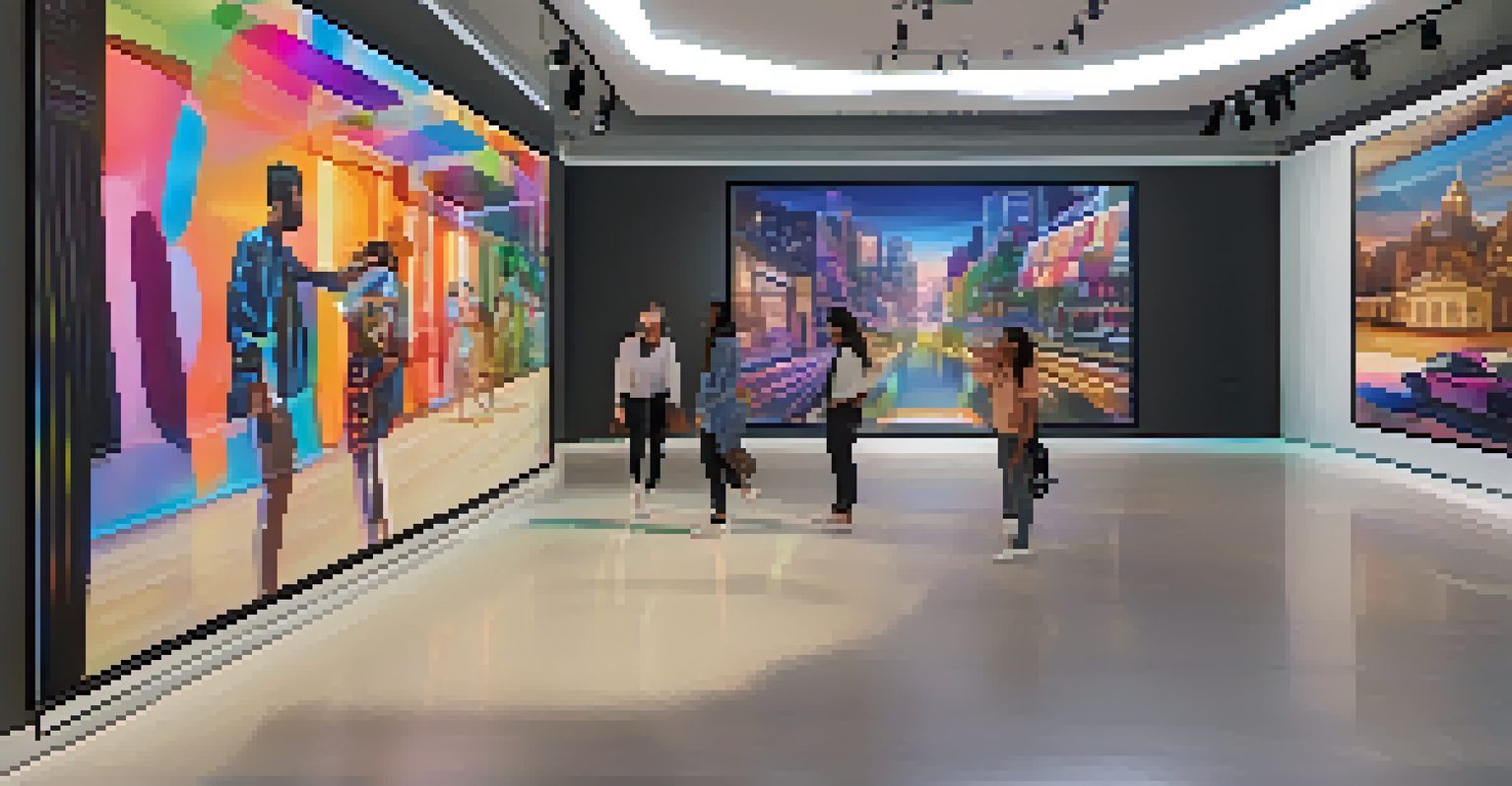 A virtual reality art gallery with large screens displaying social justice artwork and visitors interacting with the pieces.