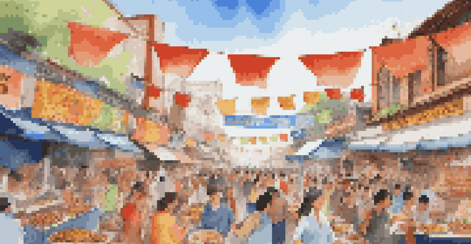 A vibrant street food festival with diverse people enjoying various cuisines from different stalls.