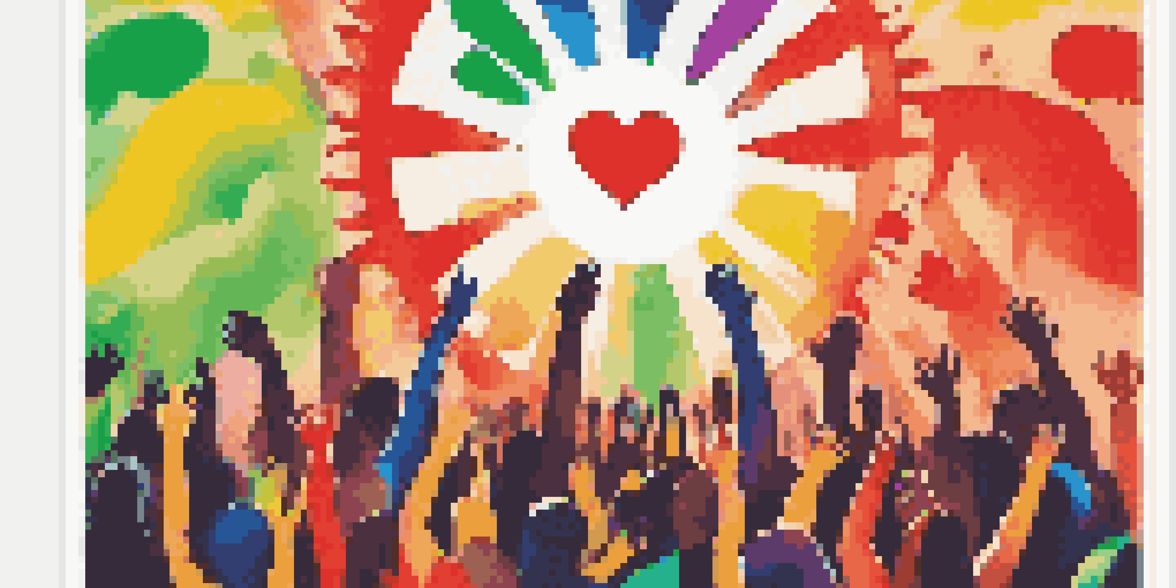 A colorful poster showing diverse people standing together, with raised fists and hearts in the background, symbolizing unity and empowerment.