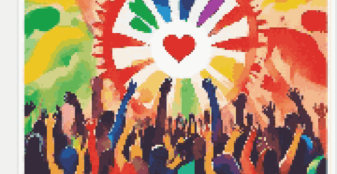 A colorful poster showing diverse people standing together, with raised fists and hearts in the background, symbolizing unity and empowerment.
