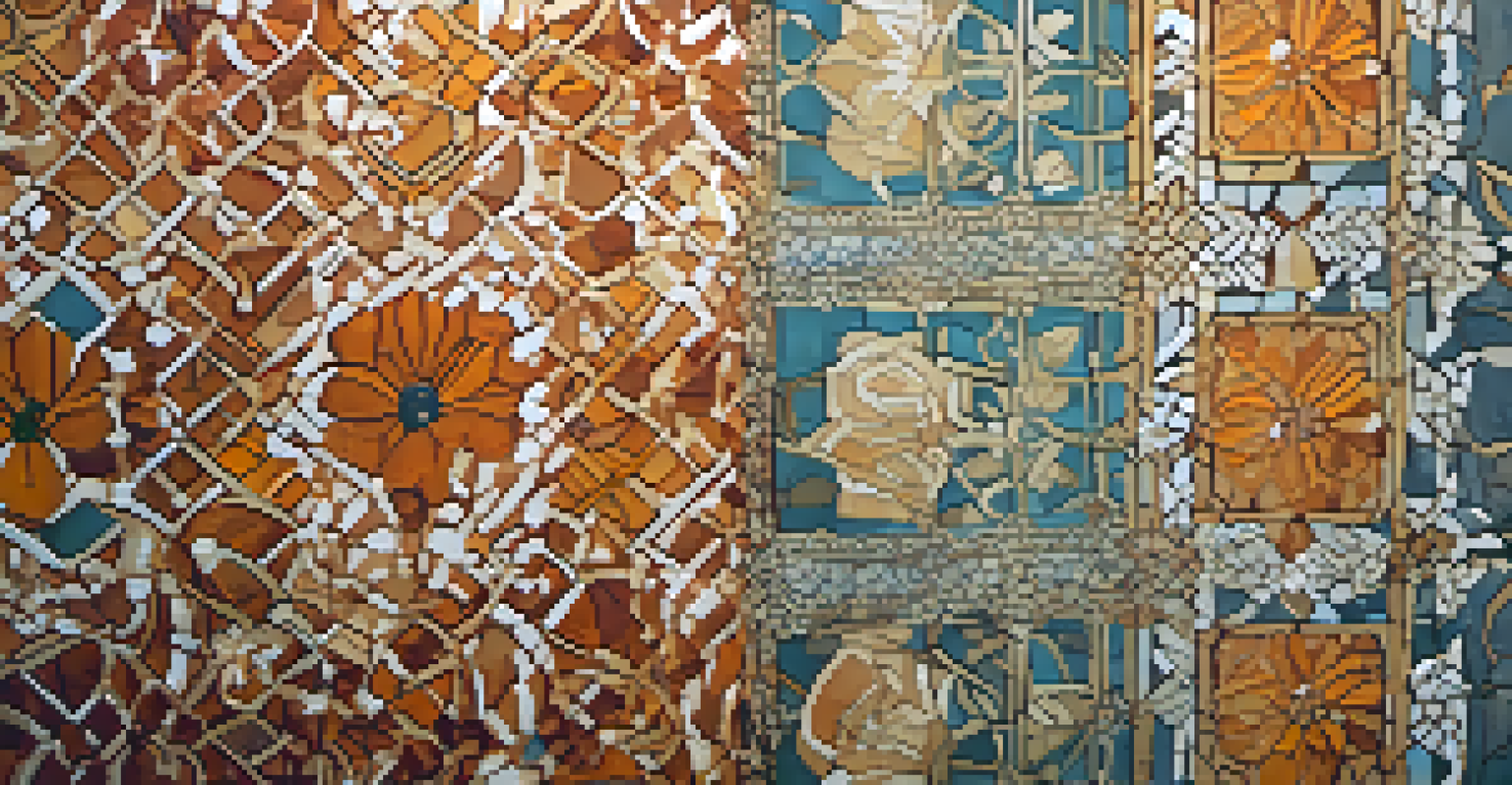 An elegant batik artwork featuring floral and geometric patterns in earthy tones, framed and displayed on a wall with natural light illuminating it.